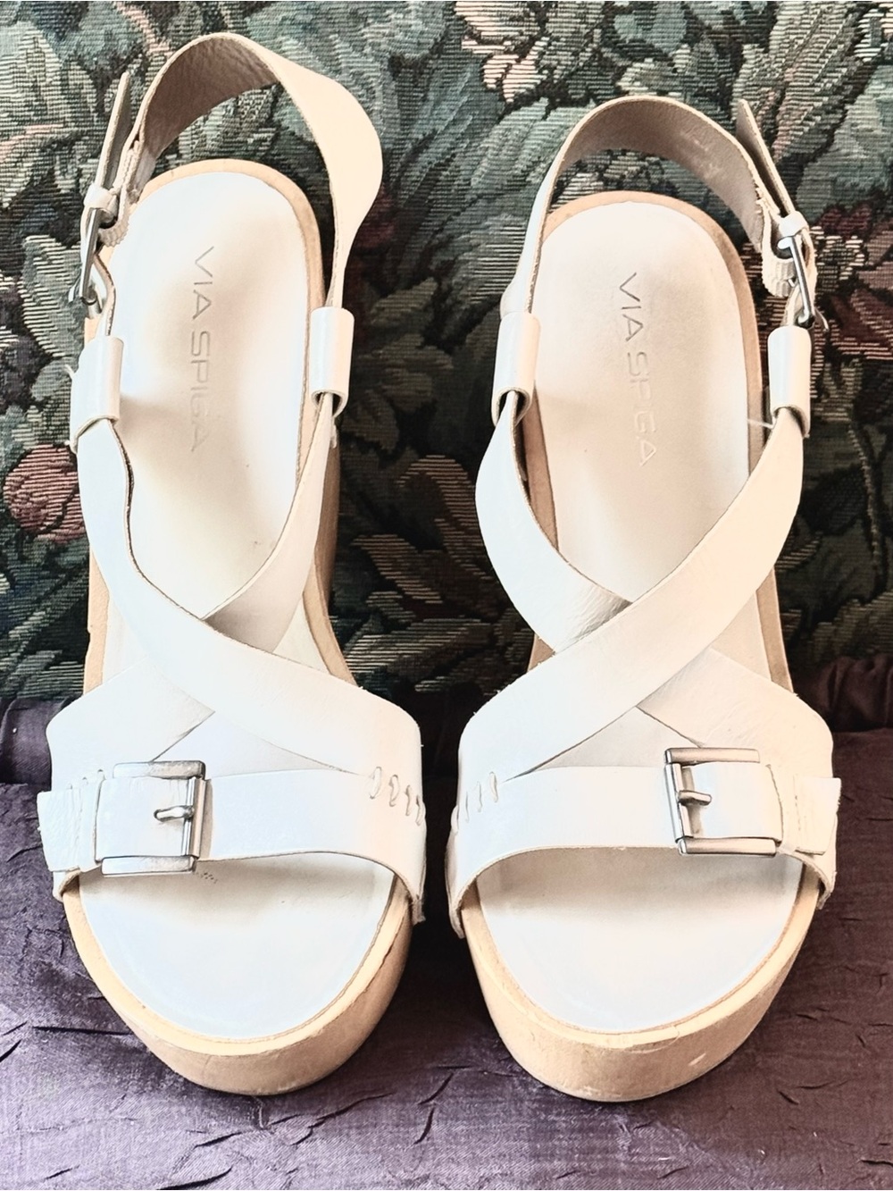 VIA SPIGA WHITE LEATHER WOOD WEDGE HEELS